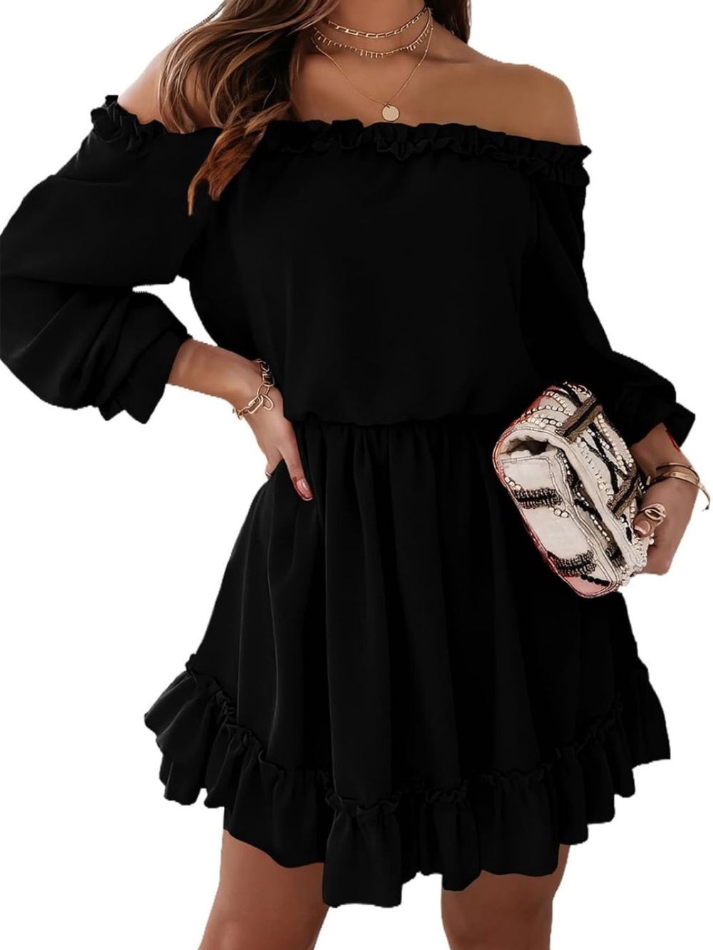 Off-Shoulder Ruffle Long Sleeve Mini Dress in Black